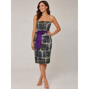 Edme & Esyllte Strapless Dress, Cream Black Green, Purple Tie Belt, Side Zip, 0